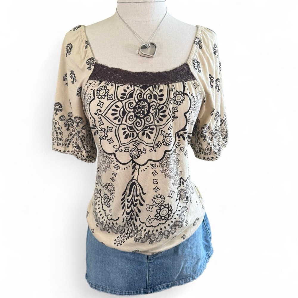 Floral Patterned Cream and Black Women's Top
